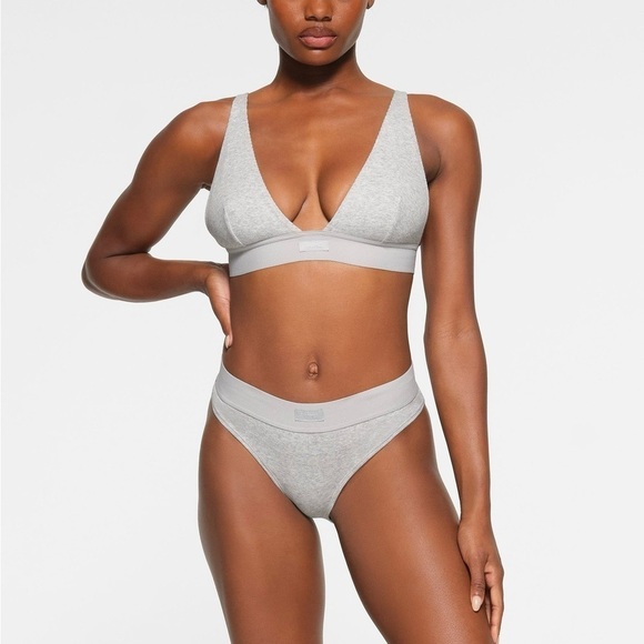 SKIMS Cotton Rib Plunge Bralette in Light Heather Grey - Picture 1 of 7